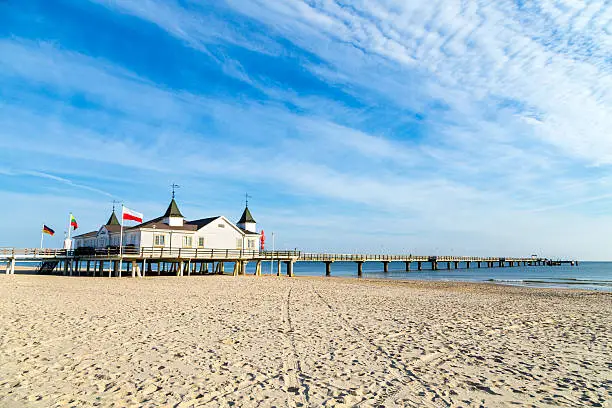 Pier and Beach of Ahlbeck at baltic Sea on Usedom Island,Mecklenburg- Vorpommern,Germany