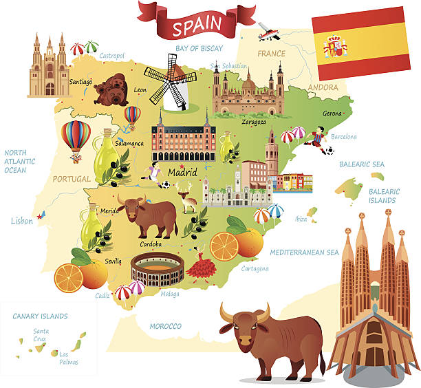 ilustraciones, imágenes clip art, dibujos animados e iconos de stock de dibujo mapa de españa - barcelona sevilla