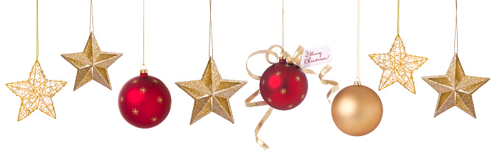 Holiday Christmas Red and Gold Ornaments, Stars and Baubles Isolated on White