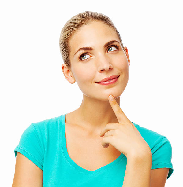 istock Thoughtful Woman With Finger On Chin Looking Up 493377461