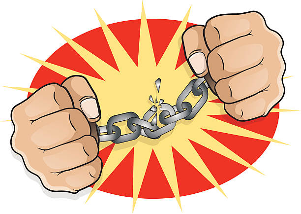 Pop Art Chained Fists breaking Free. vector art illustration
