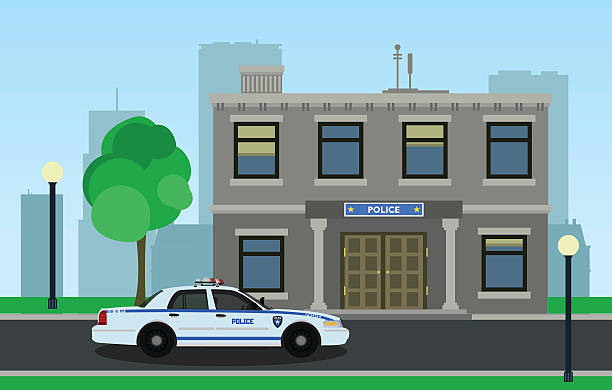 The police car opposite the of the police station. The police car opposite the of the police station. police station stock illustrations
