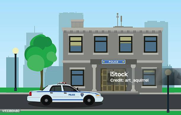 The Police Car Opposite The Of The Police Station Stock Illustration -  Download Image Now - Police Station, Cartoon, 2015 - iStock