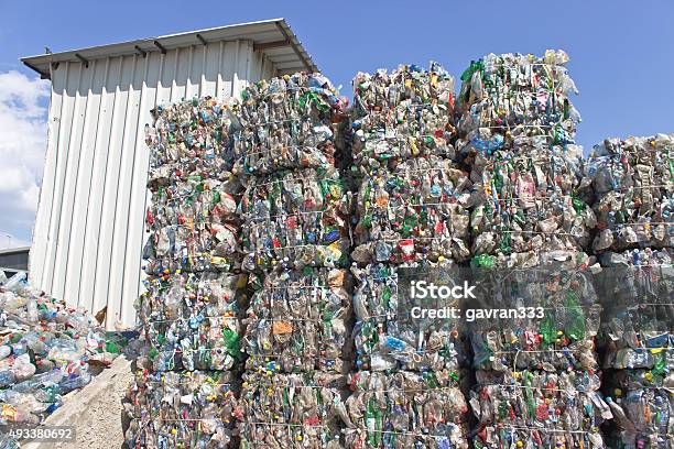 Stack Of Plastic Bottles Ready For Recycling Stock Photo - Download Image Now - 2015, Blue, Bottle
