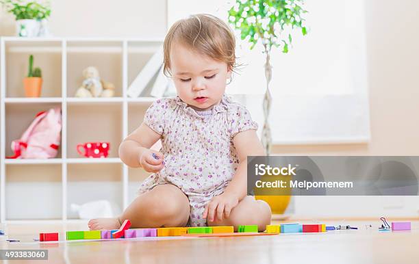 Toddler Girl Playing Her Toys Stock Photo - Download Image Now - 12-17 Months, Toy Block, 2015