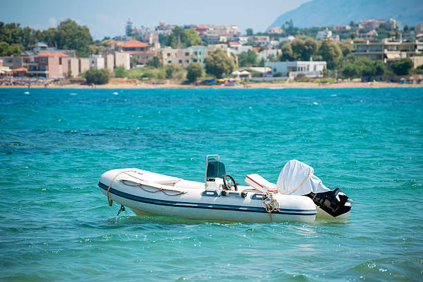 Inflatable motor boat on sea. Space for your text.