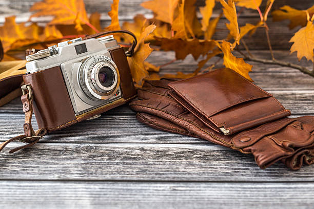 istock Brown colored leather set of retro camera, gloves and wallet 493384700
