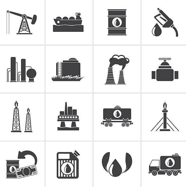 ilustraciones, imágenes clip art, dibujos animados e iconos de stock de negro iconos de la industria gasolina y aceite - oil well fire