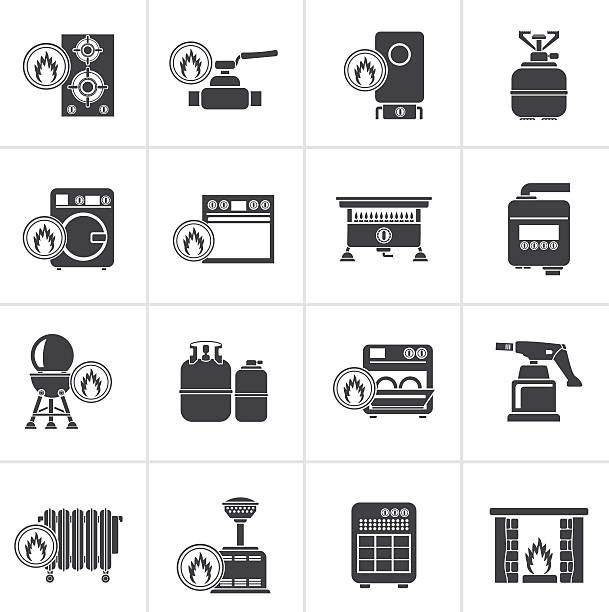 черный бытовой gas appliances значки - gas boiler illustrations stock illustrations