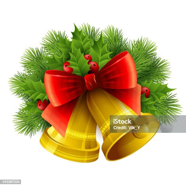 Christmas Decoration With Evergreen Trees Holly And Bells Vector Illustration Stock Illustration - Download Image Now