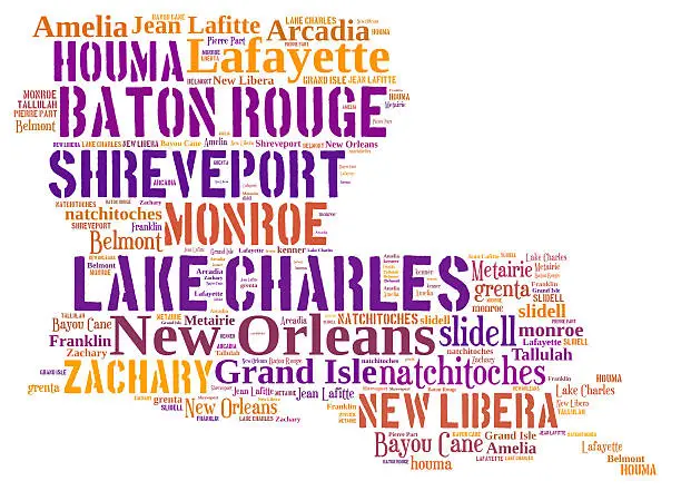 Word Cloud in the shape of Louisiana showing some of the cities in the state
