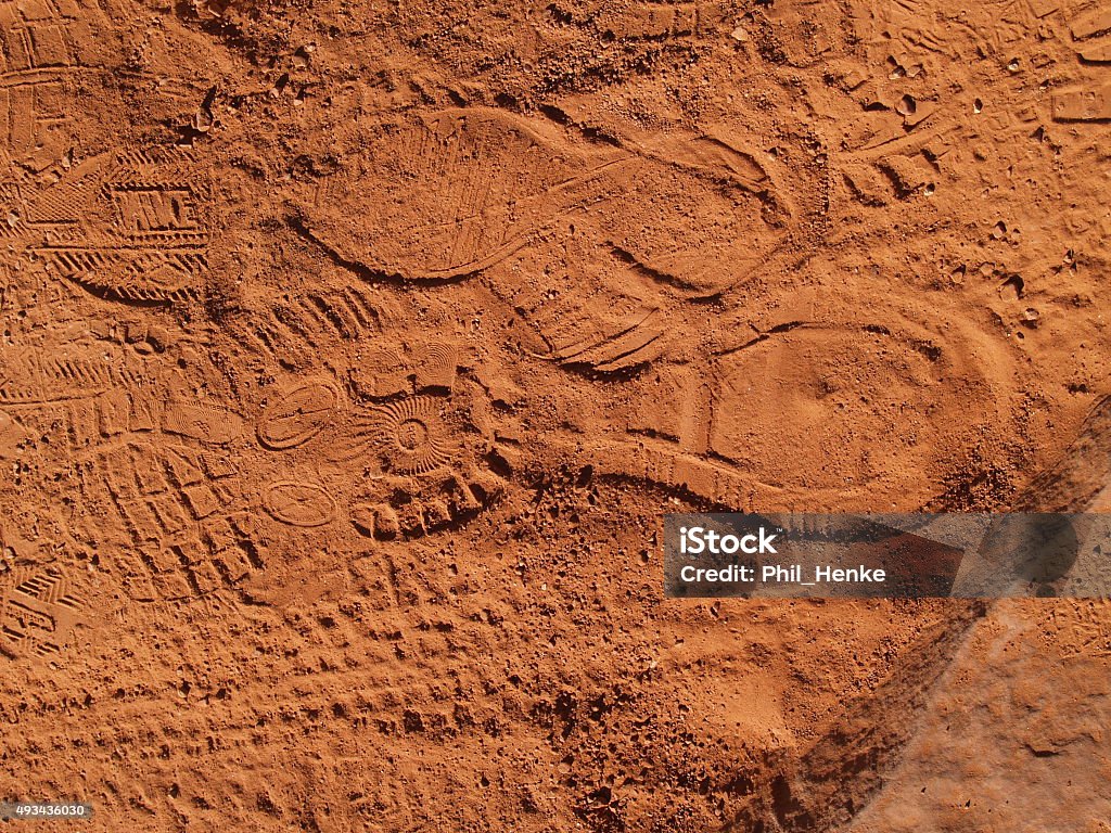 Foot prints Many foot prints on a red sandy path in the Valley of fire State Park, Nevada 2015 Stock Photo