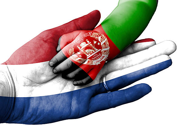 Flag of Netherlands overlaid the hand of an adult man holding a baby hand with the flag of Afghanistan overprinted. Conceptual image for help, aid, assistance, rescue. Isolated on white background