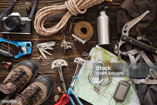 Equipment Necessary For Mountaineering And Hiking Stock Photo - Download Image Now - Equipment, Hiking, Mountain Climbing