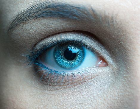Human blue eye close up.