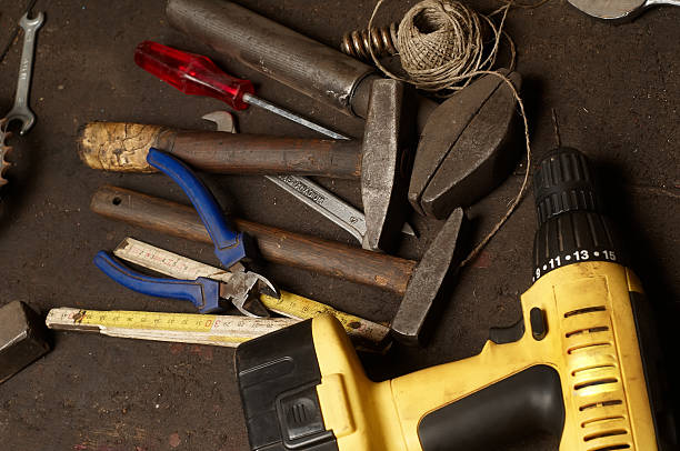 istock Set of different tools on wooden background 493442754