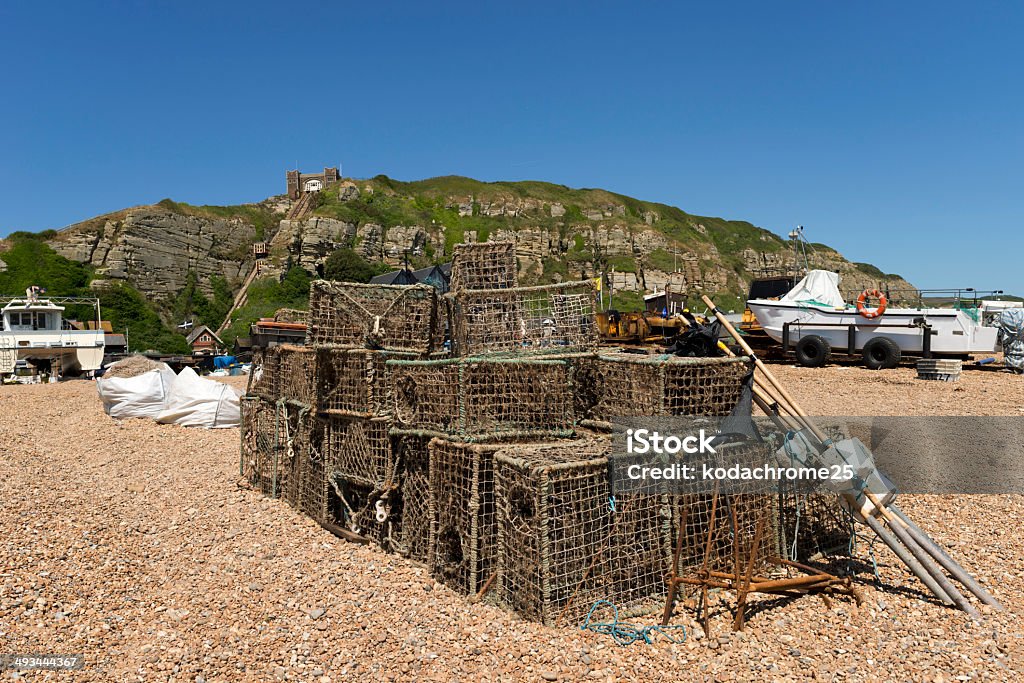 trawler trawlers on the shingle beach at Hastings, East Sussex - Hastings Stock Photo