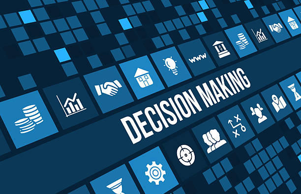istock Decision making concept image with business icons and copyspace. 493444574