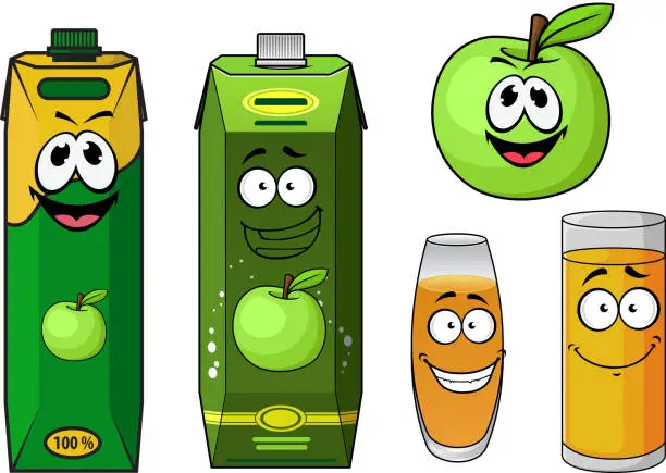 Vector illustration of Cartoon green apple juice packs and fruit