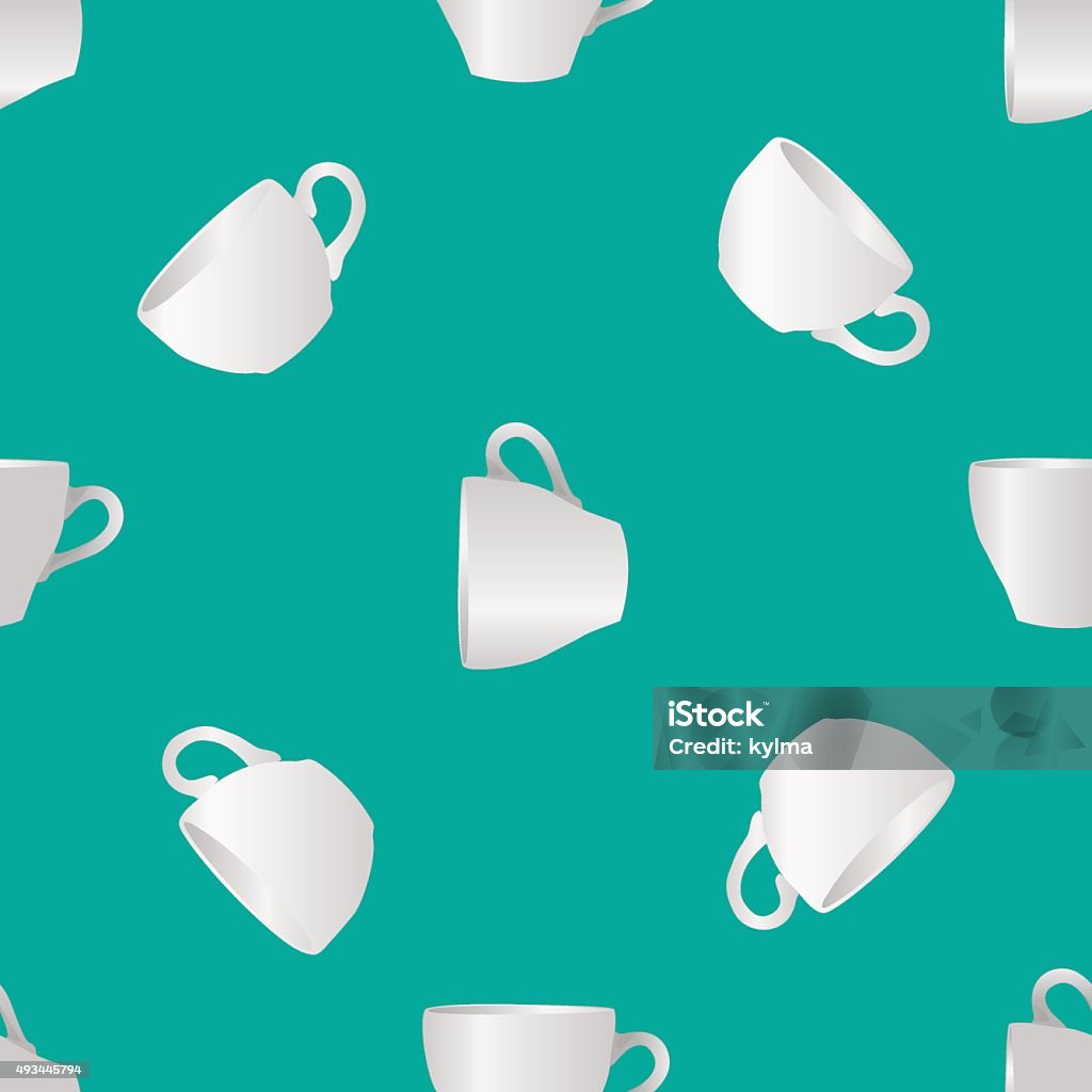 White cups seamless pattern Vector illustration of white blank cups on a turquoise background Geometric Shape stock vector