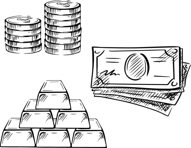 skizze des dollar-banknoten, münzen und goldenen balken - currency heap ideas business stock-grafiken, -clipart, -cartoons und -symbole
