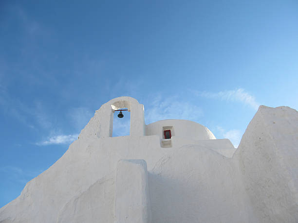 Mykonos Island famous white Church Panagia Paraportiani, backlit by late afternoon sun