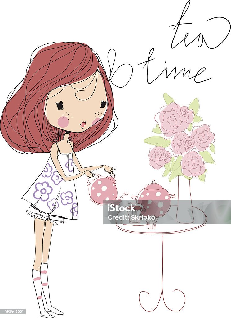 Little cute and sweet girl with tea - Royalty-free 13 - 19 Yaş arası Vector Art