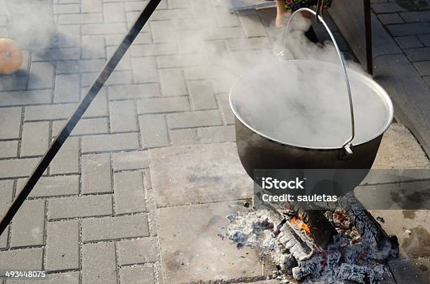 Pot With Food On Metal Rods Vaporize On Fire Stock Photo - Download Image Now - Activity, Adult, Ancient