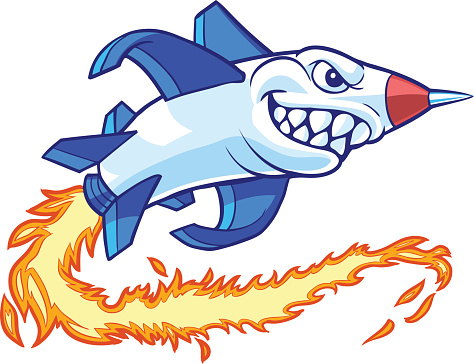 Vector cartoon clip art illustration of an anthropomorphic rocket or missile mascot with a shark mouth. It leaves a trail of flames as it flies.