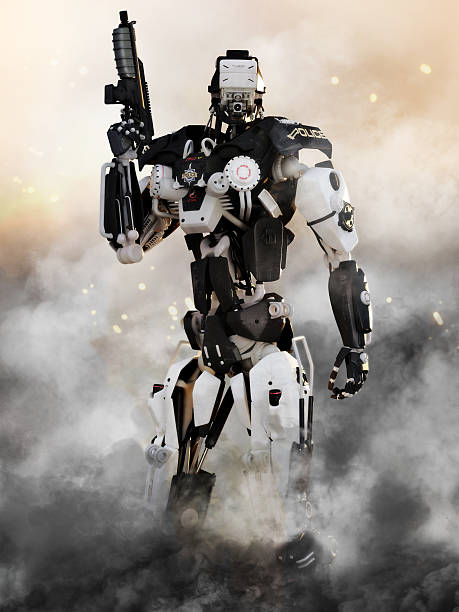 Robot Futuristic Police armored mech weapon Robot Futuristic Police armored mech weapon with action background  murderer stock pictures, royalty-free photos & images