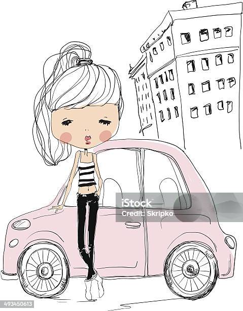 Fille Avec Voiture Vecteurs libres de droits et plus d'images vectorielles de Adulte - Adulte, Beauté, Blanc