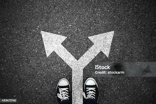 Walking Direction On Asphalt Stock Photo - Download Image Now - Forked Road, Crossroad, Separation