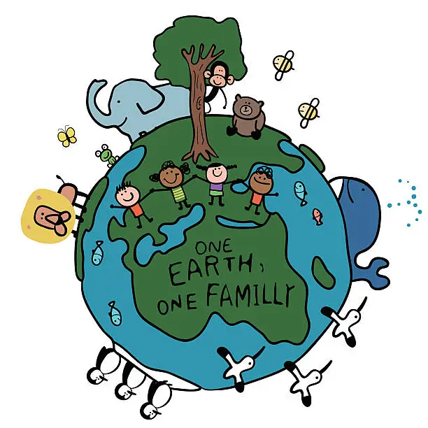 Vector illustration of Happy stick figure children holding hands and animals on Earth