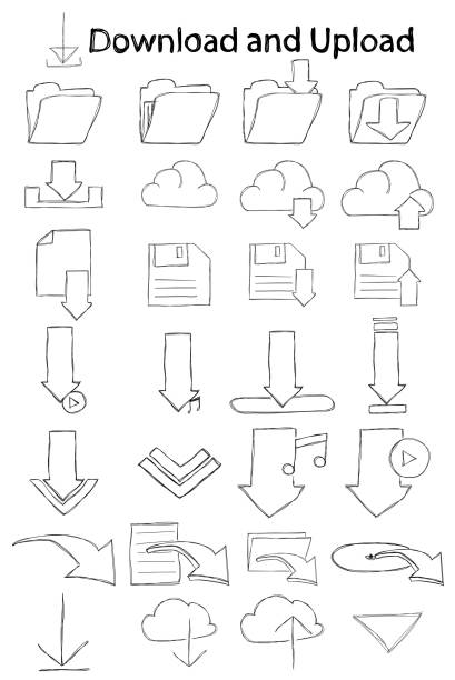 illustrations, cliparts, dessins animés et icônes de main dessiné ensemble d'icônes de téléchargement. - sharing data file document