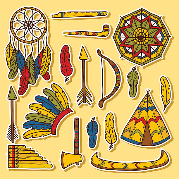 injun rysowanych ręcznie naklejki - injun stock illustrations