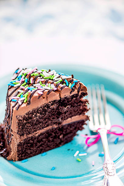 ломтик домашнее шоколадный торт на тарелку - portion serving size copy space icing стоковые фото и изображения