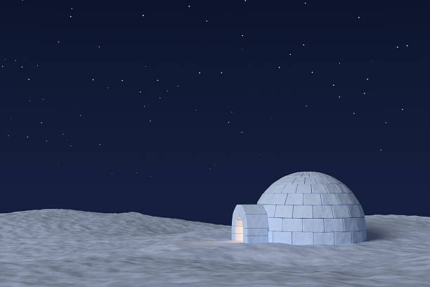Igloo icehouse with warm light inside under sky with stars Winter north polar snowy landscape: eskimo house igloo icehouse with warm light inside made with snow at night on the surface of snow field under cold night north sky with bright stars. blue yellow lights stock pictures, royalty-free photos & images