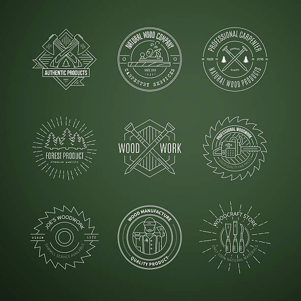 Lumberjack Icons Set of vintage carpentry icons made in vector. Wood work and manufacture label templates. Detailed emblems with timber industry elements and carpentry tools. Woodworking badges with sample text for your business. work tool nail wood construction stock illustrations