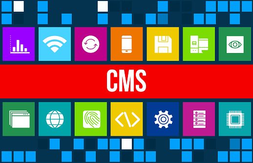 CMS concept image with technology icons and copyspace