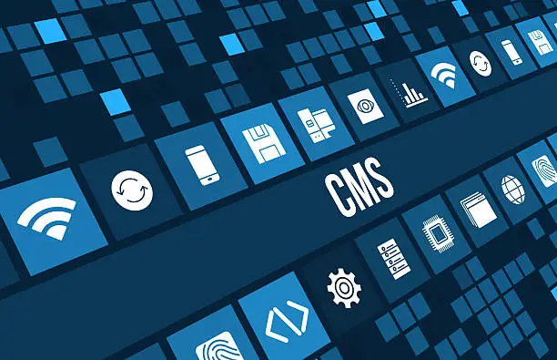 CMS concept image with technology icons and copyspace
