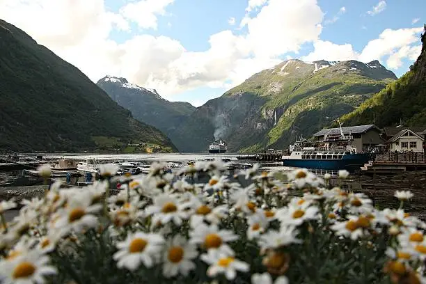 Geiranger is one of the most beautiful town in Norway. Cruise ships go along the Geiranger fjord and reach Geiranger where people can give a break. The photo was taken on July, 2015 in Geiranger, Norway. 