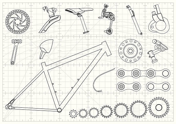 ilustraciones, imágenes clip art, dibujos animados e iconos de stock de equipos blueprints bicicleta - bicycle chain bicycle gear chain gear