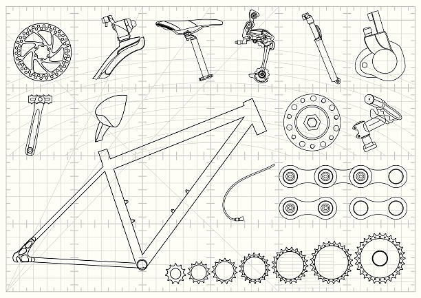 illustrazioni stock, clip art, cartoni animati e icone di tendenza di bicicletta cianografie attrezzature - bicycle chain