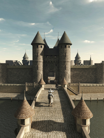 Illustration of a Medieval knight riding to the castle gate, 3d digitally rendered illustration.