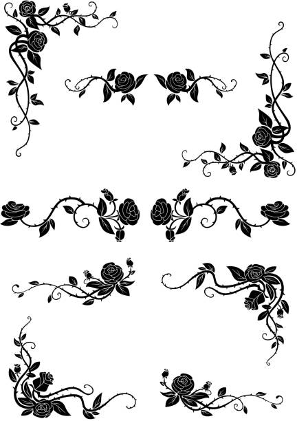 Floral borders with blooming rose flowers Vintage floral borders with blooming rose vines, adorned by lush flowers and dainty buds. Retro style dividers and corners swirly vines stock illustrations