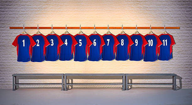 Row of Blue and Red Football Shirts 1-11 stock photo