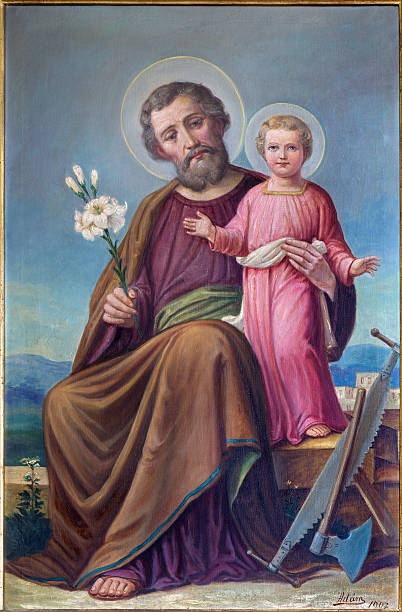 Roznava - Paint of St. Joseph in the cathedral ROZNAVA, SLOVAKIA - APRIL 19, 2014: Paint of St. Joseph from the sacristy in the cathedral of Assumption of Virgin Mary by painter "Adum" (1907) religious saint stock illustrations