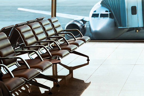 istock Seats, view from airport hall. Boarding. 493503199