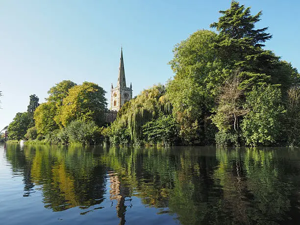 Holy Trinity church seen from River Avon in Stratford upon Avon, UK