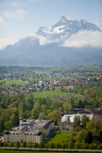 Untersberg Mountain overlooks the town Salzburg, Austria. Birthplace of Mozart and filming location for Sound of Music, a popular tourist attraction.